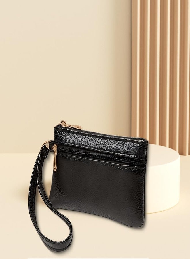 CALFOVERA Slim Wristlet Keychain Wallet with Zipper PU Leather Double Layer Coin Pouch Holder Portable Wrist Strap Change Purse Leather Cash Organizer Case for Men Women Travel Credit Card(Black) - Image 4